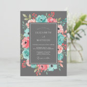 Invitation Mariage Romantique aux Fleurs de Corail Sarcelle (Debout devant)
