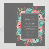 Invitation Mariage Romantique aux Fleurs de Corail Sarcelle (Devant / Derrière)