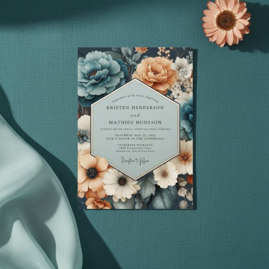 Invitation Mariage Romantique aux Fleurs de Corail Sarcelle