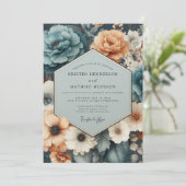 Invitation Mariage Romantique aux Fleurs de Corail Sarcelle (Debout devant)