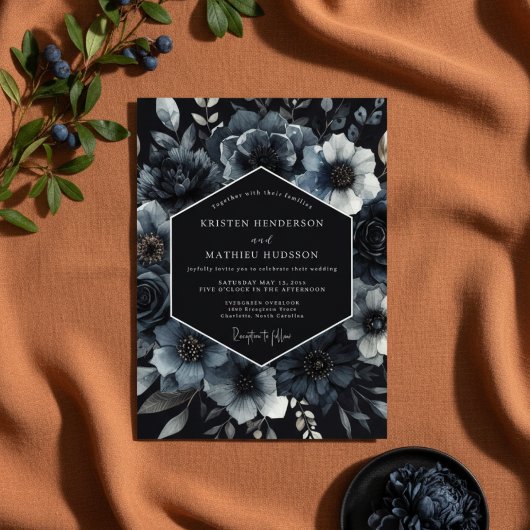 Invitation Mariage Romantique aux Fleurs de Sarcelle Foncé