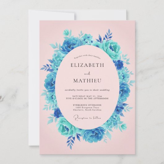 Invitation Mariage Romantique aux Fleurs de Teal (Devant)