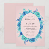 Invitation Mariage Romantique aux Fleurs de Teal (Devant / Derrière)