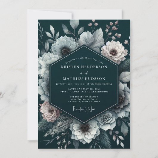 Invitation Mariage Romantique aux Fleurs de Teal Profond (Devant)