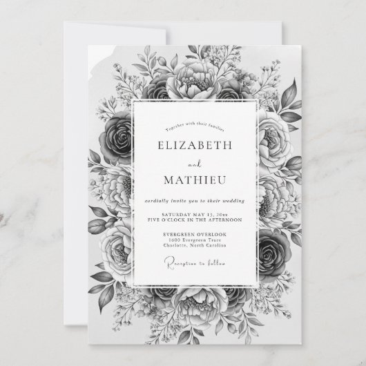 Invitation Mariage Romantique aux Fleurs Grises (Devant)