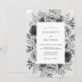 Invitation Mariage Romantique aux Fleurs Grises (Devant / Derrière)