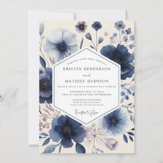 Invitation Mariage romantique aux fleurs indigo (Devant)