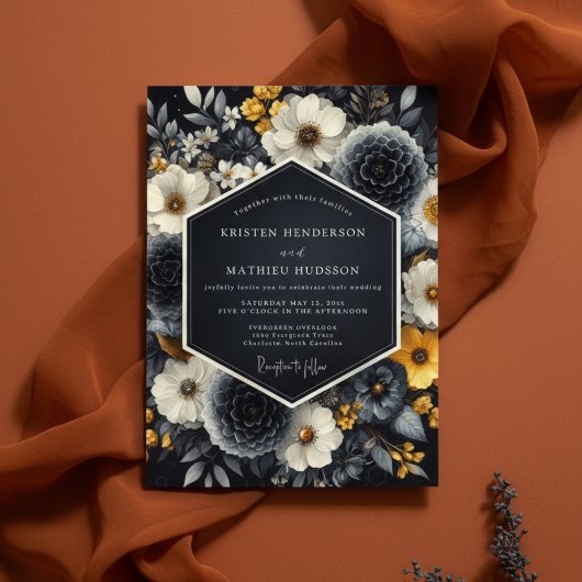 Invitation Mariage Romantique aux Fleurs Noires