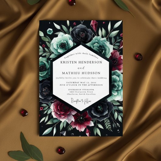 Invitation Mariage romantique aux fleurs sarcelle profondes