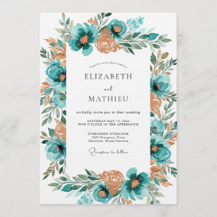 Invitation Mariage Romantique aux Floraisons de Teinte Cyan