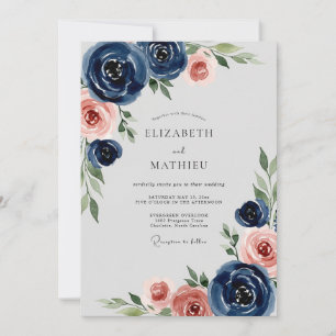 Invitation Mariage Romantique aux Pivoines Bleu Nuit
