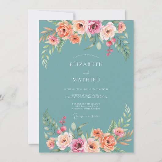 Invitation Mariage Romantique avec Arche Florale Sarcelle (Devant)
