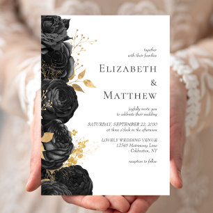 Invitation Mariage romantique Black Gold Floral