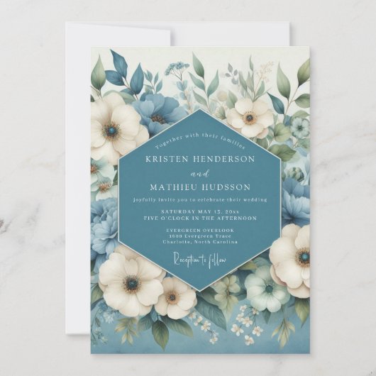 Invitation Mariage Romantique Bleu Ardoise Anémone (Devant)