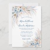 Invitation Mariage romantique bleu calligraphie florale boho (Devant)