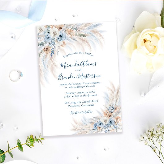 Invitation Mariage romantique bleu calligraphie florale boho