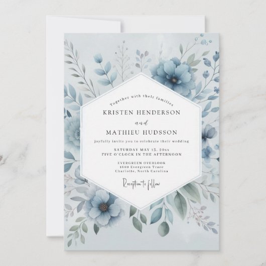 Invitation Mariage Romantique Blue Bloom (Devant)