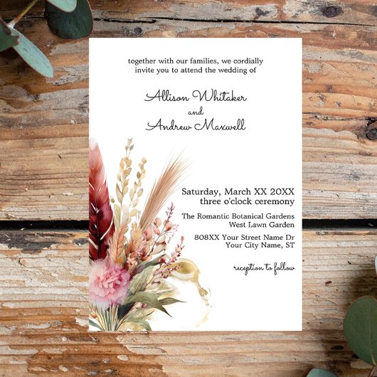 Invitation Mariage Romantique Bohème à l'Herbe de Pampas