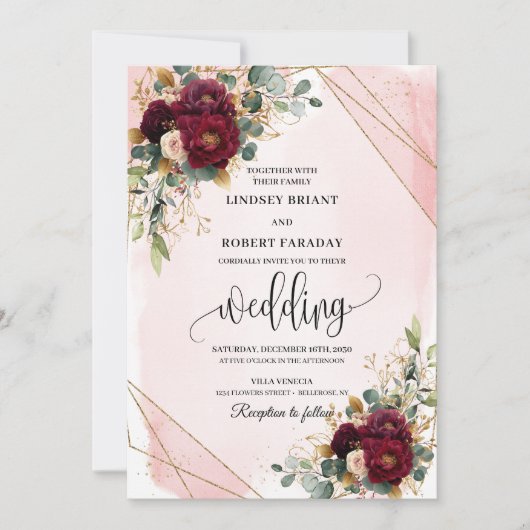 Invitation Mariage romantique Boho Marsala Gold Blush (Devant)