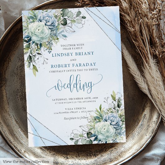 Invitation Mariage romantique Boho Pastel Blue Silver Peonies