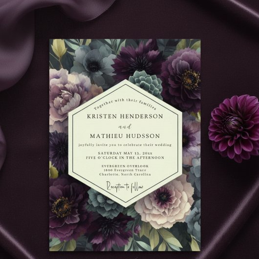 Invitation Mariage Romantique Botanique aux Tons de Prune