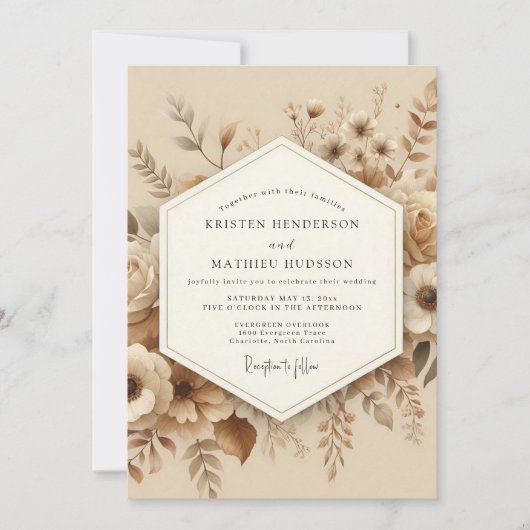 Invitation Mariage Romantique Botanique Beige (Devant)