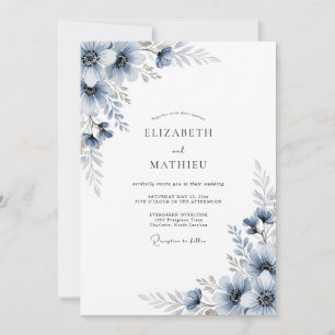 Invitation Mariage Romantique Botanique Bleu Ardoise