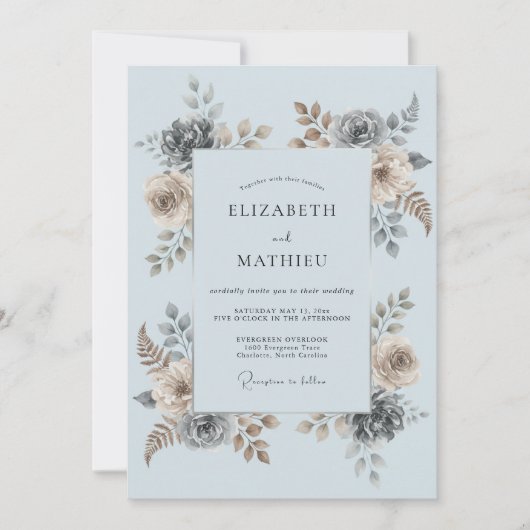 Invitation Mariage Romantique Botanique Bleu Céleste (Devant)