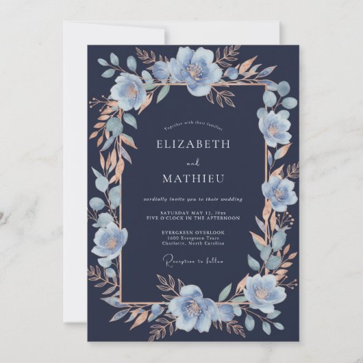 Invitation Mariage Romantique Botanique Bleu Clair (Devant)