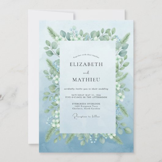 Invitation Mariage Romantique Botanique Bleu Clair (Devant)