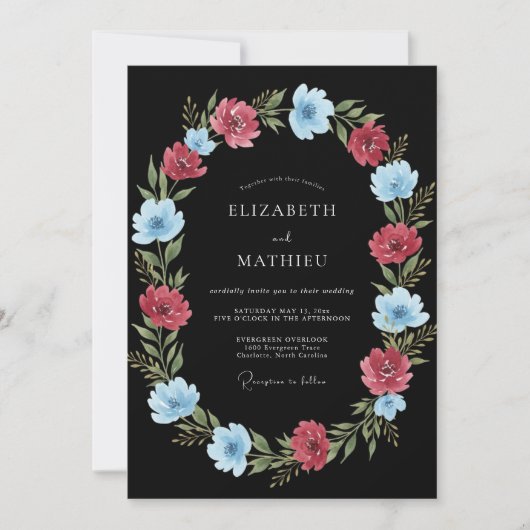 Invitation Mariage Romantique Botanique Bleu Corail (Devant)