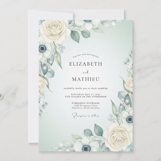 Invitation Mariage Romantique Botanique Bleu Crème (Devant)