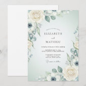Invitation Mariage Romantique Botanique Bleu Crème (Devant / Derrière)