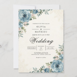 Invitation Mariage romantique botanique bleu éthéré