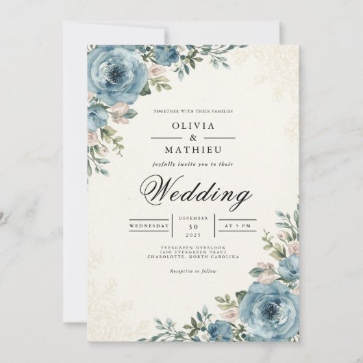 Invitation Mariage romantique botanique bleu éthéré (Devant)