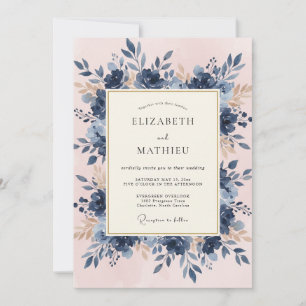 Invitation Mariage Romantique Botanique Bleu Marine