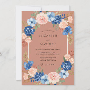 Invitation Mariage Romantique Botanique Bleu Pêche
