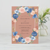 Invitation Mariage Romantique Botanique Bleu Pêche (Debout devant)