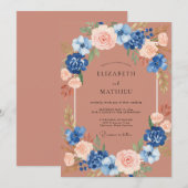 Invitation Mariage Romantique Botanique Bleu Pêche (Devant / Derrière)