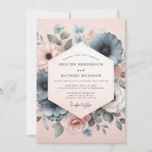Invitation Mariage Romantique Botanique Bleu Poussiéreux