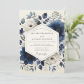 Invitation Mariage romantique botanique bleu profond (Debout devant)