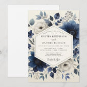 Invitation Mariage romantique botanique bleu profond (Devant / Derrière)