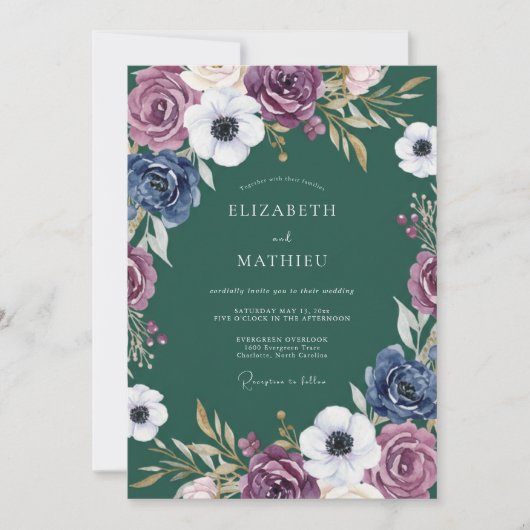 Invitation Mariage Romantique Botanique Bleu Prune (Devant)