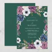 Invitation Mariage Romantique Botanique Bleu Prune (Devant / Derrière)