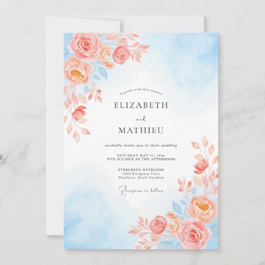 Invitation Mariage Romantique Botanique Ciel de Corail (Devant)