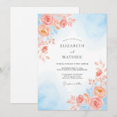 Invitation Mariage Romantique Botanique Ciel de Corail (Devant / Derrière)