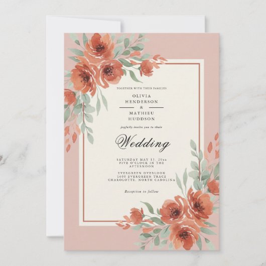 Invitation Mariage romantique botanique corail (Devant)