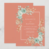 Invitation Mariage Romantique Botanique Corail (Devant / Derrière)