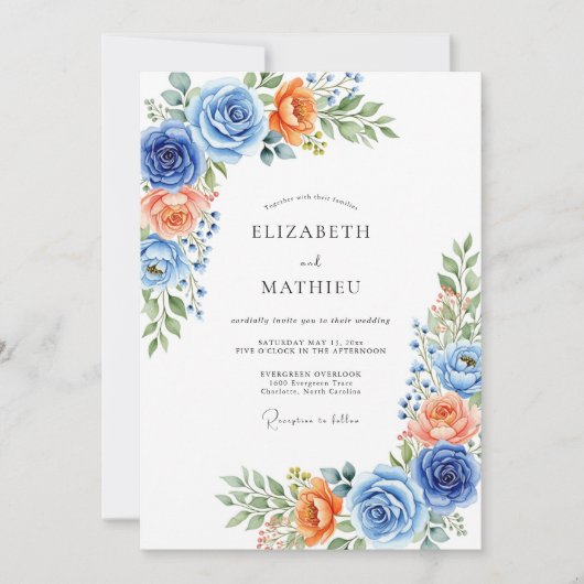 Invitation Mariage Romantique Botanique Corail Bleu (Devant)