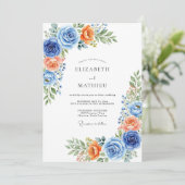 Invitation Mariage Romantique Botanique Corail Bleu (Debout devant)